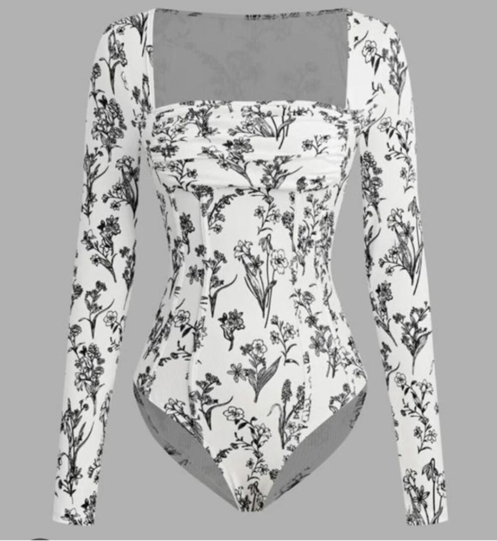 Yozy Floral Square Neck Bodysuit Long Sleeve Cottagecore XL NWOT